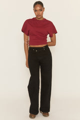 Black Asymmetric Waist Wide Leg Denim Jeans - Freyon