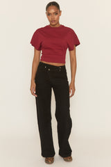 Black Asymmetric Waist Wide Leg Denim Jeans - Freyon