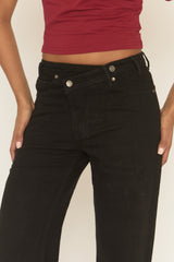 Black Asymmetric Waist Wide Leg Denim Jeans - Freyon