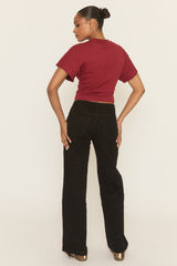 Black Asymmetric Waist Wide Leg Denim Jeans - Freyon