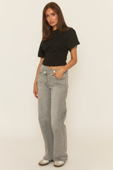 Grey Asymmetric Waist Wide Leg Denim Jeans - Freyon