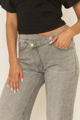 Grey Asymmetric Waist Wide Leg Denim Jeans - Freyon