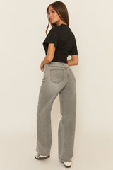 Grey Asymmetric Waist Wide Leg Denim Jeans - Freyon