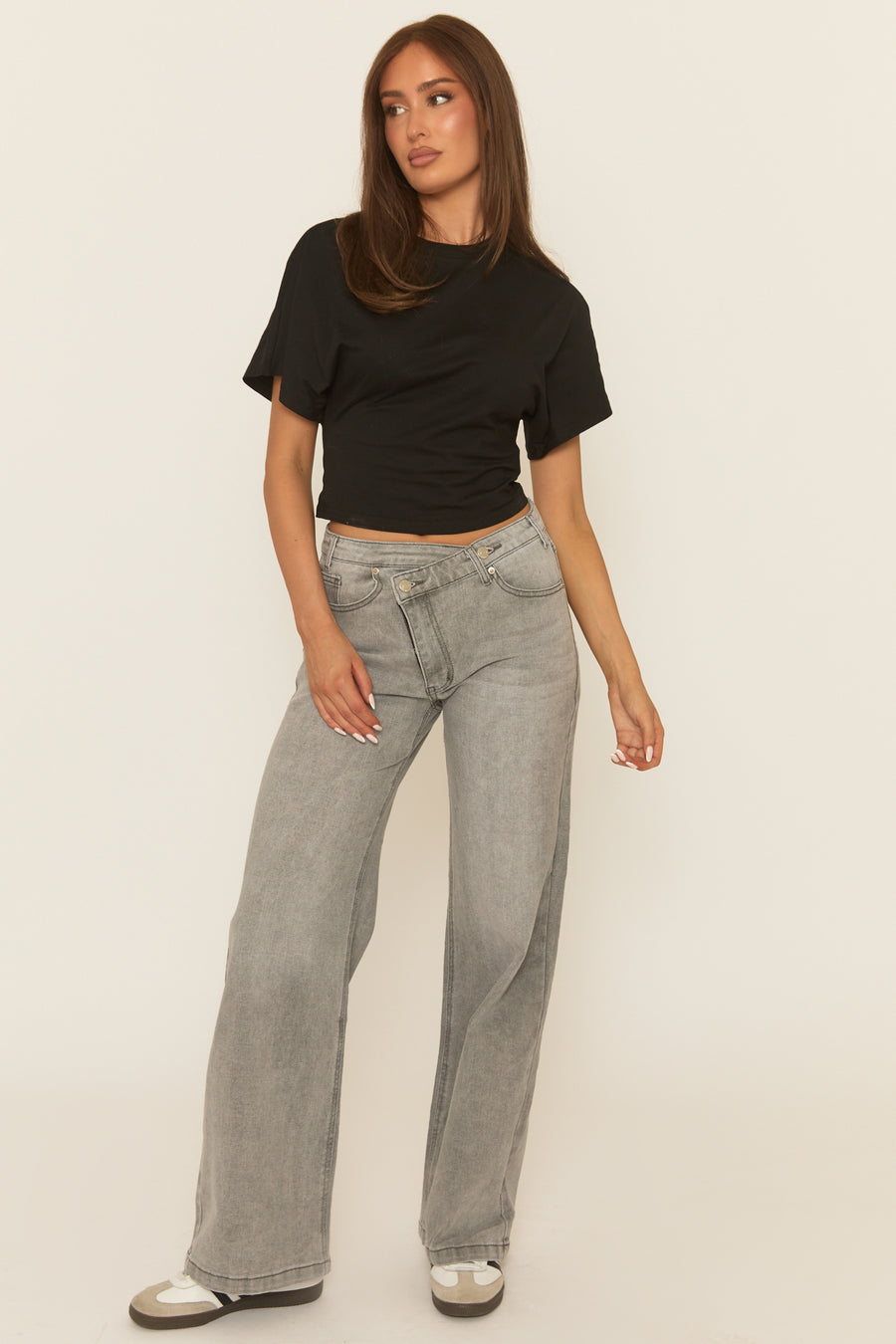 Grey Asymmetric Waist Wide Leg Denim Jeans - Freyon