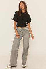 Grey Asymmetric Waist Wide Leg Denim Jeans - Freyon