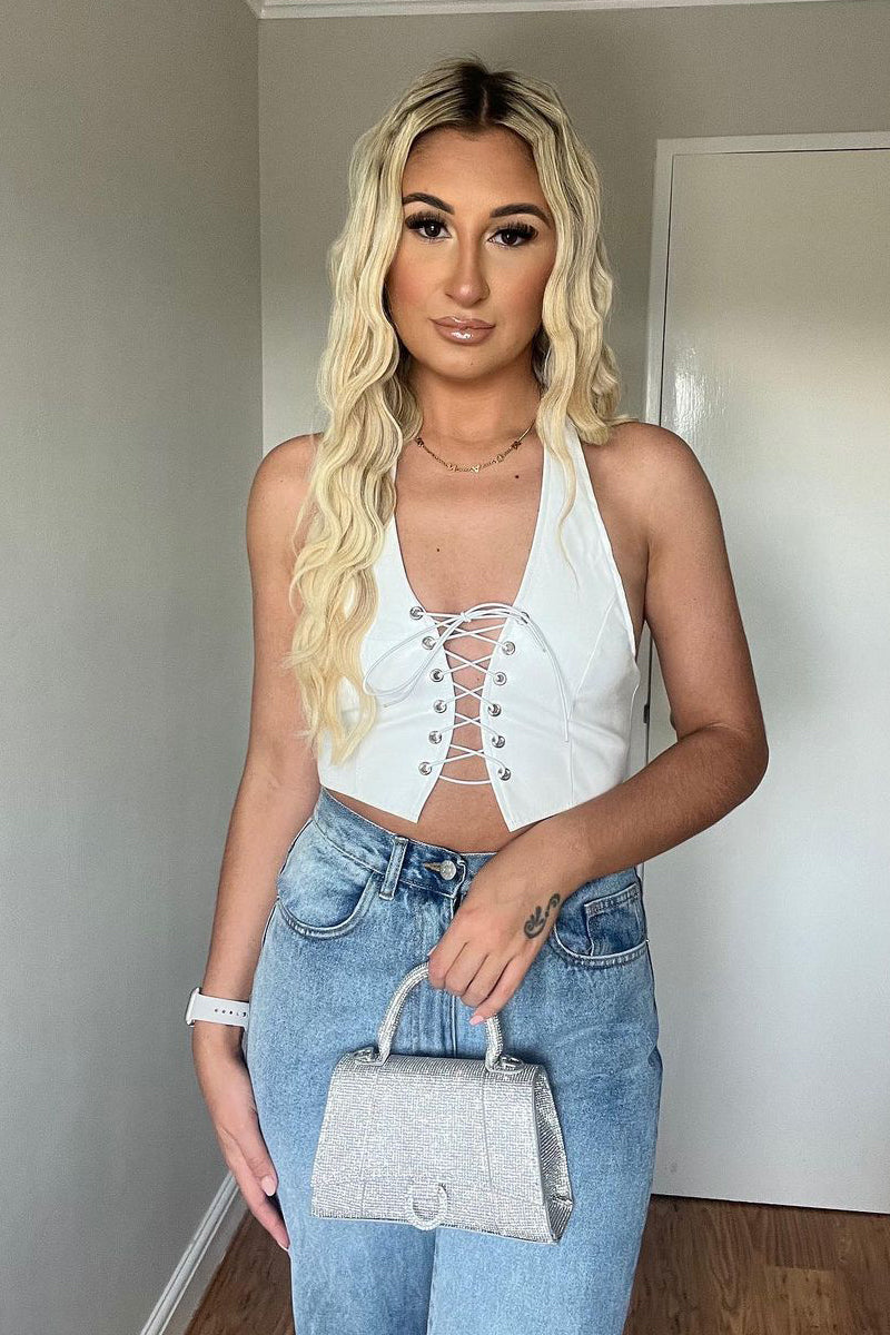 White Faux Leather Lace Up Front Cropped Top - Mika