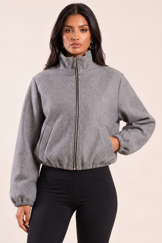 Grey Wool Look High Neck Zip Up Bomber Jacket - Jennifer