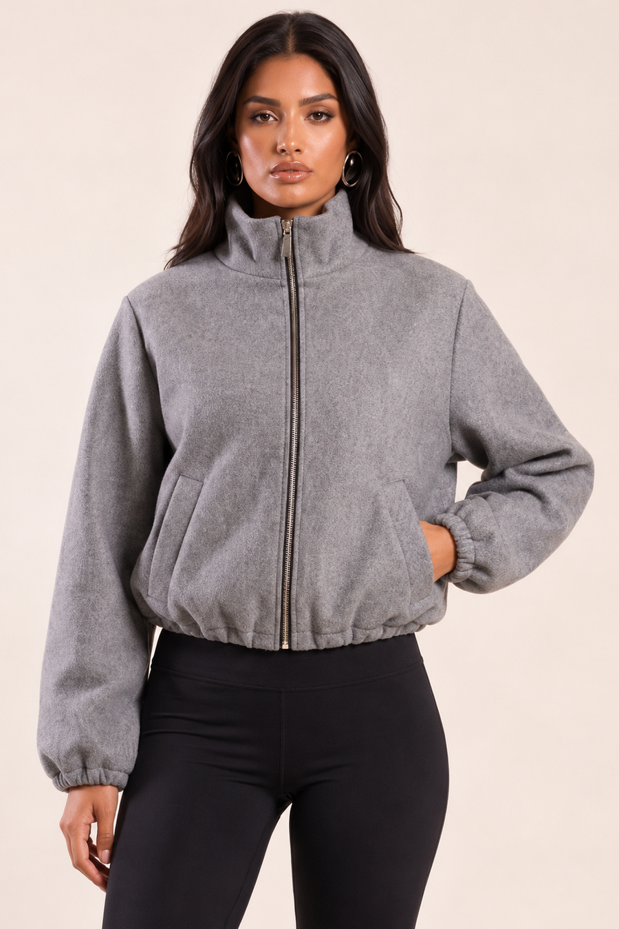 Grey Wool Look High Neck Zip Up Bomber Jacket - Jennifer