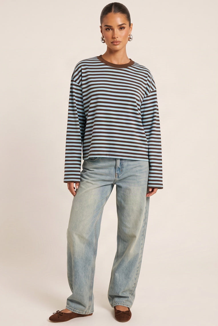Blue Stripe Drop Shoulder Oversized Stripe Top - Cleopatra