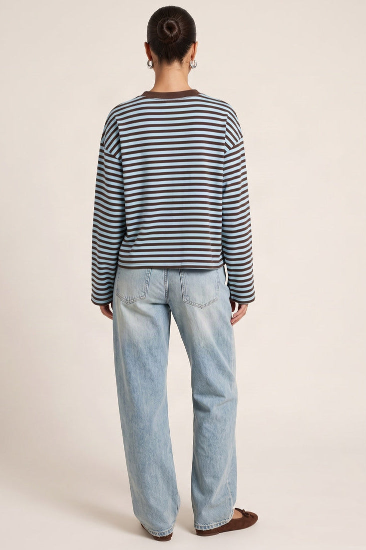 Blue Stripe Drop Shoulder Oversized Stripe Top - Cleopatra