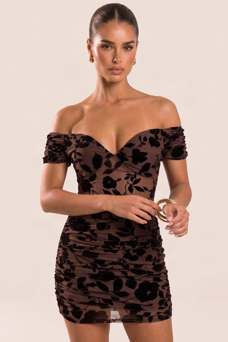 Chocolate Off The Shoulder Flocked Velvet Mini Dress - Adiva