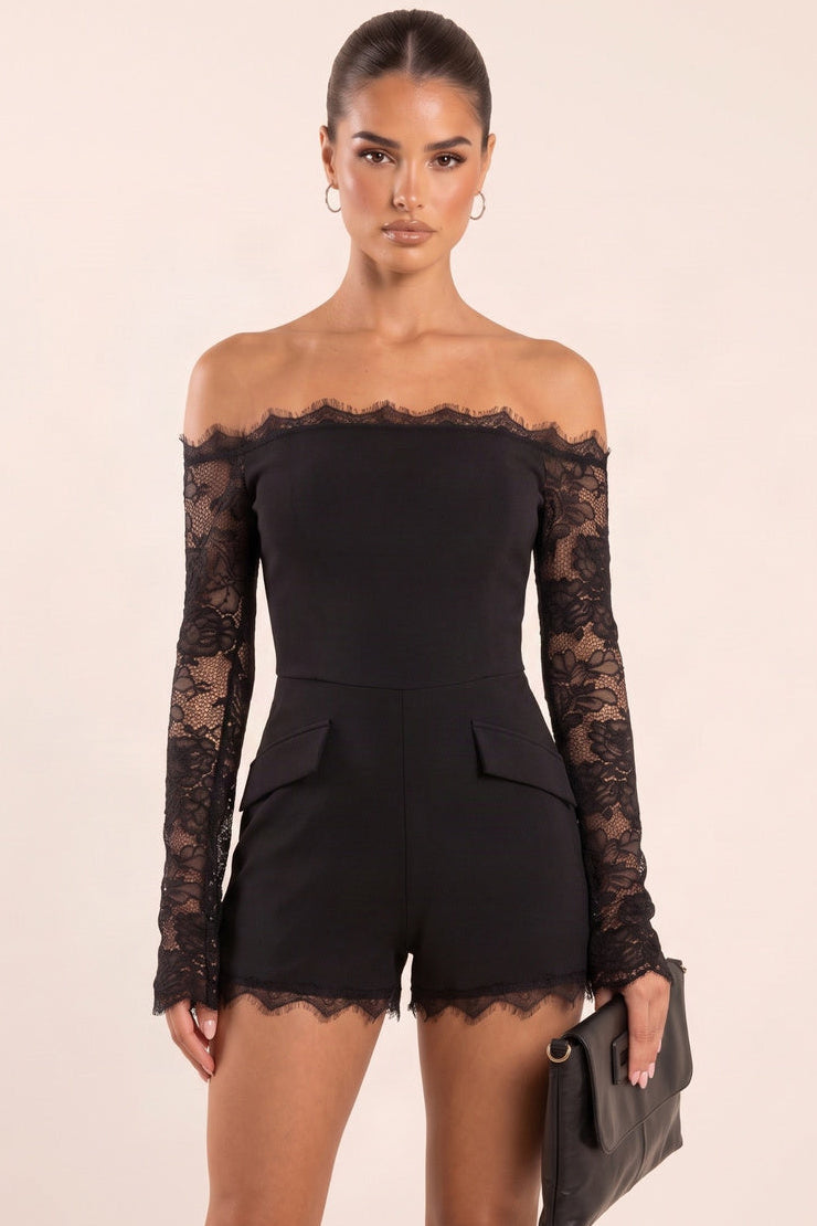 Black Off Shoulder Lace Sleeve Tailored Playsuit - Elvin