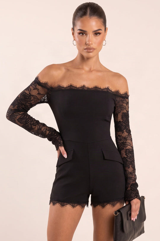 Black Off Shoulder Lace Sleeve Tailored Playsuit - Elvin