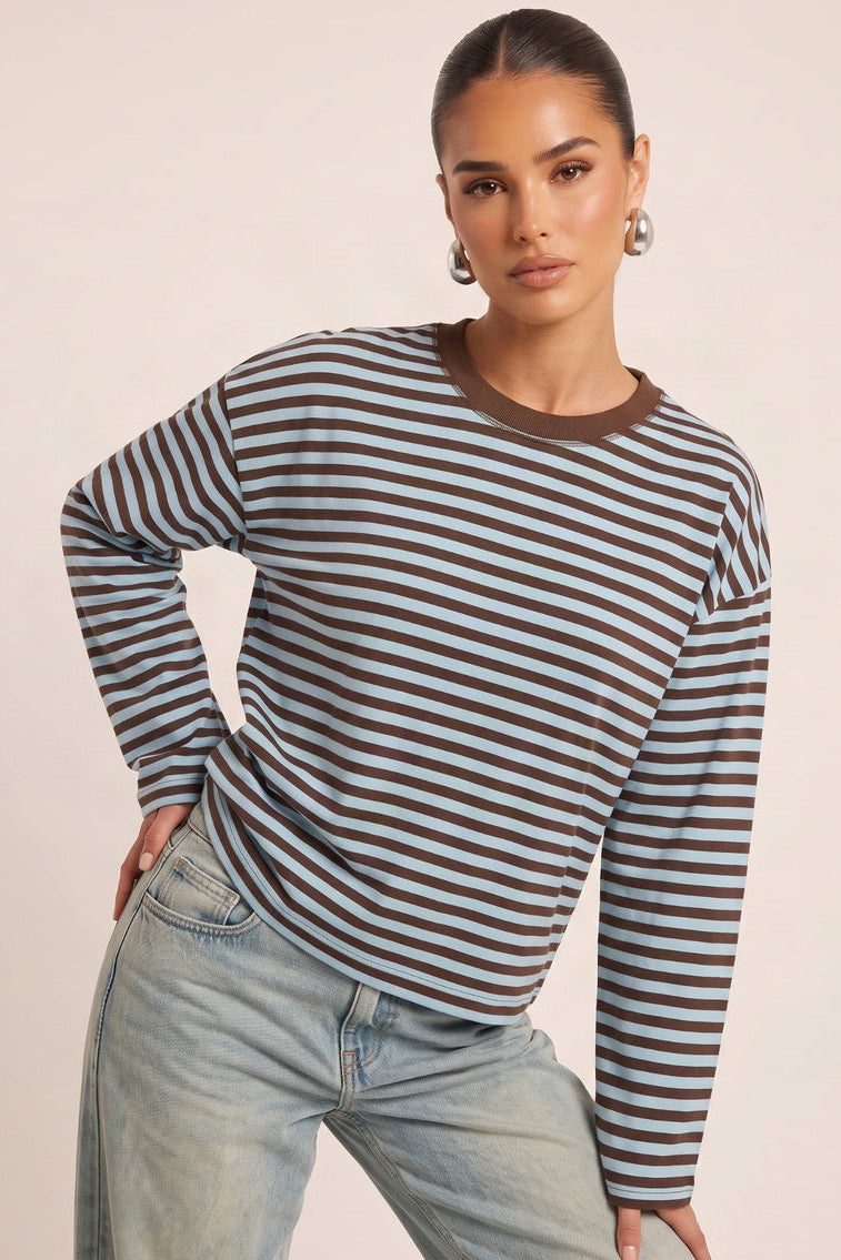 Blue Stripe Drop Shoulder Oversized Stripe Top - Cleopatra