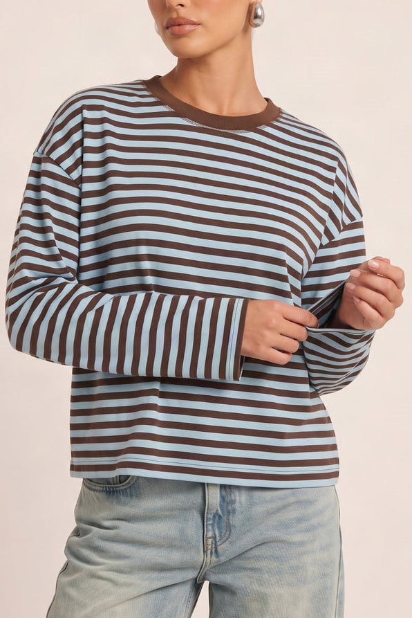 Blue Stripe Drop Shoulder Oversized Stripe Top - Cleopatra