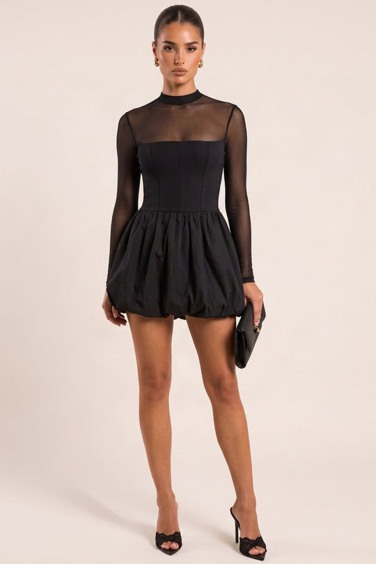 Black High Neck Mesh Long Sleeve Puffball Skater Dress - Khloe