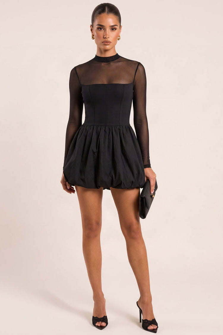 Black High Neck Mesh Long Sleeve Puffball Skater Dress - Khloe