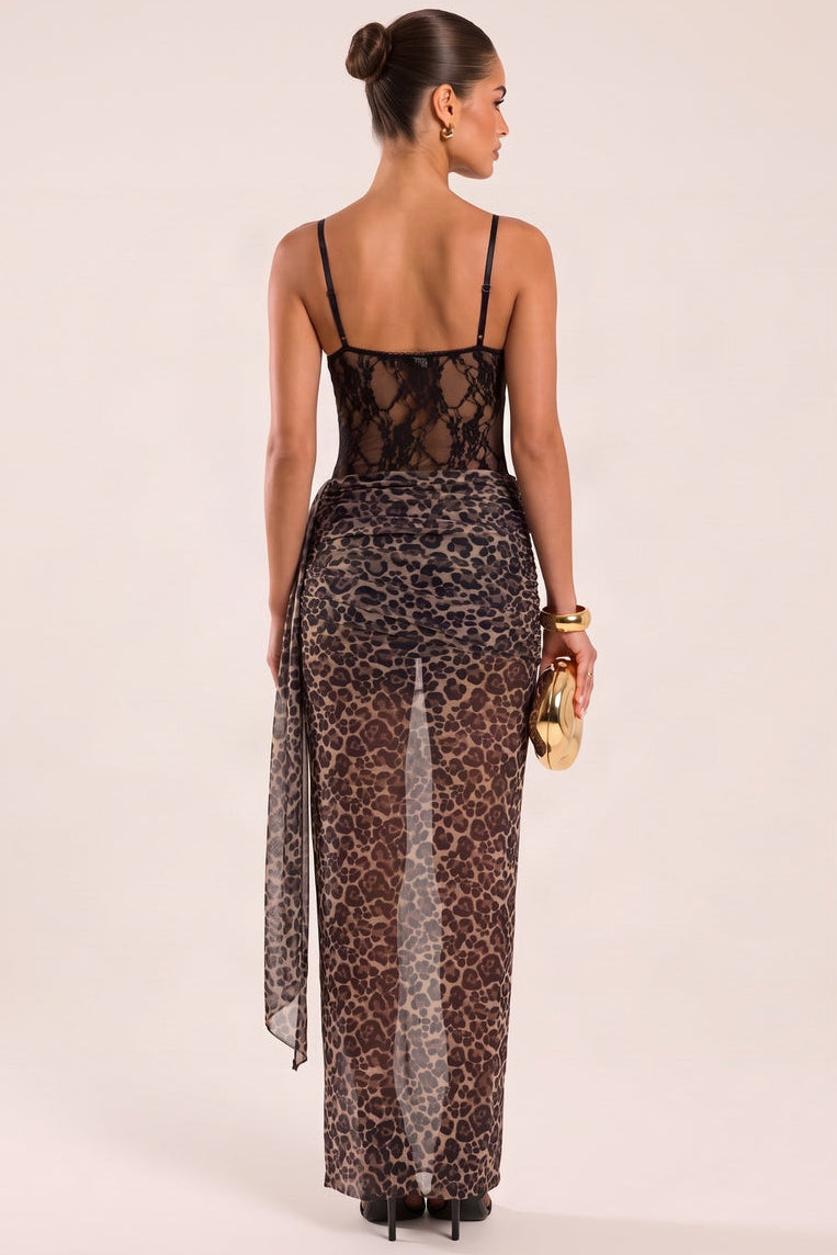 Brown Leopard Print Mesh Strappy Lace Detail Corset Top and Maxi Skirt Co-ord Set - Lindy