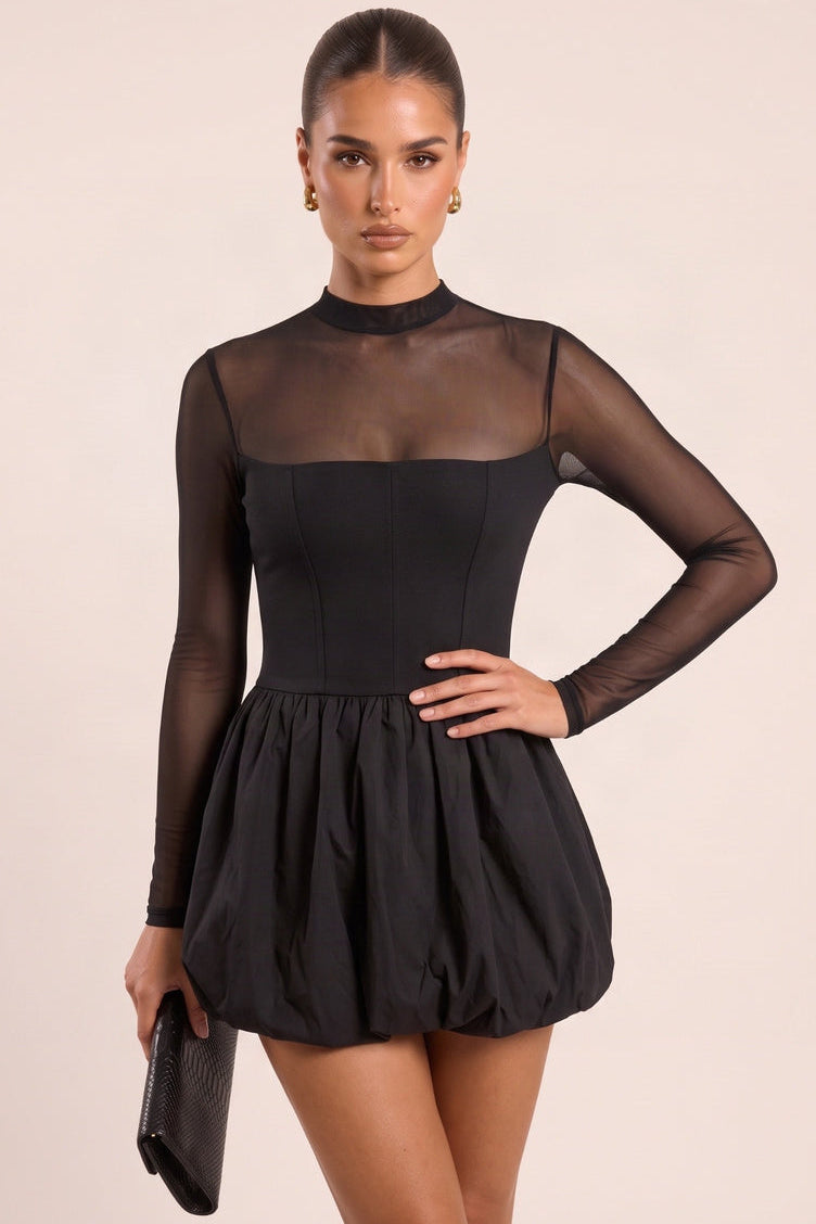 Black High Neck Mesh Long Sleeve Puffball Skater Dress - Khloe