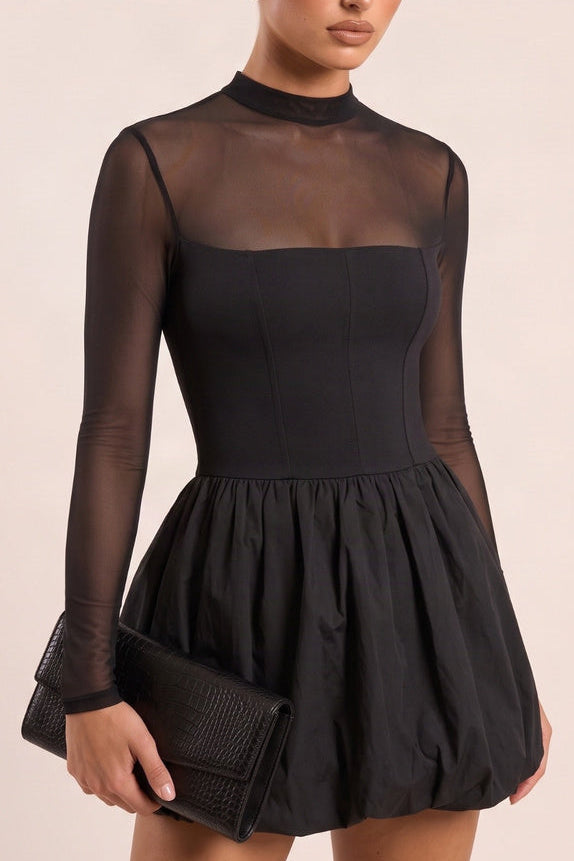 Black High Neck Mesh Long Sleeve Puffball Skater Dress - Khloe