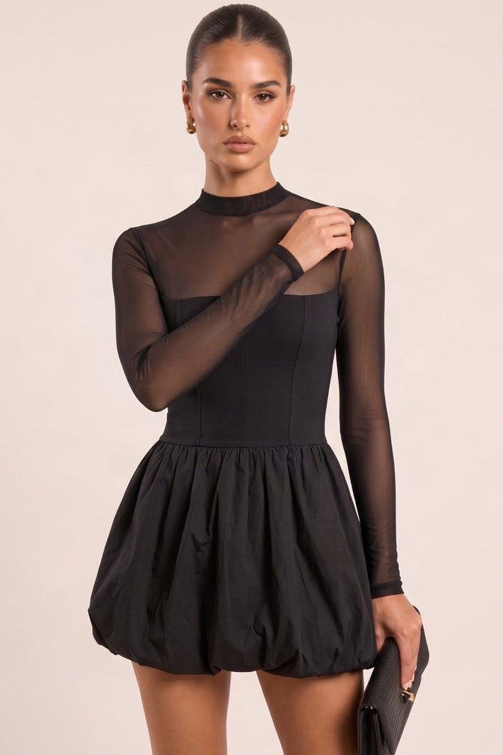 Black High Neck Mesh Long Sleeve Puffball Skater Dress - Khloe