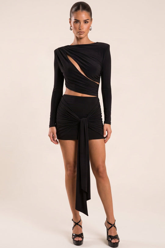 Black Slinky Cut Out Drape Mini Dress - Huda