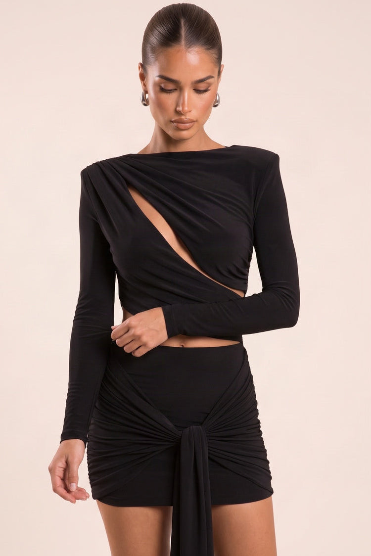 Black Slinky Cut Out Drape Mini Dress - Huda