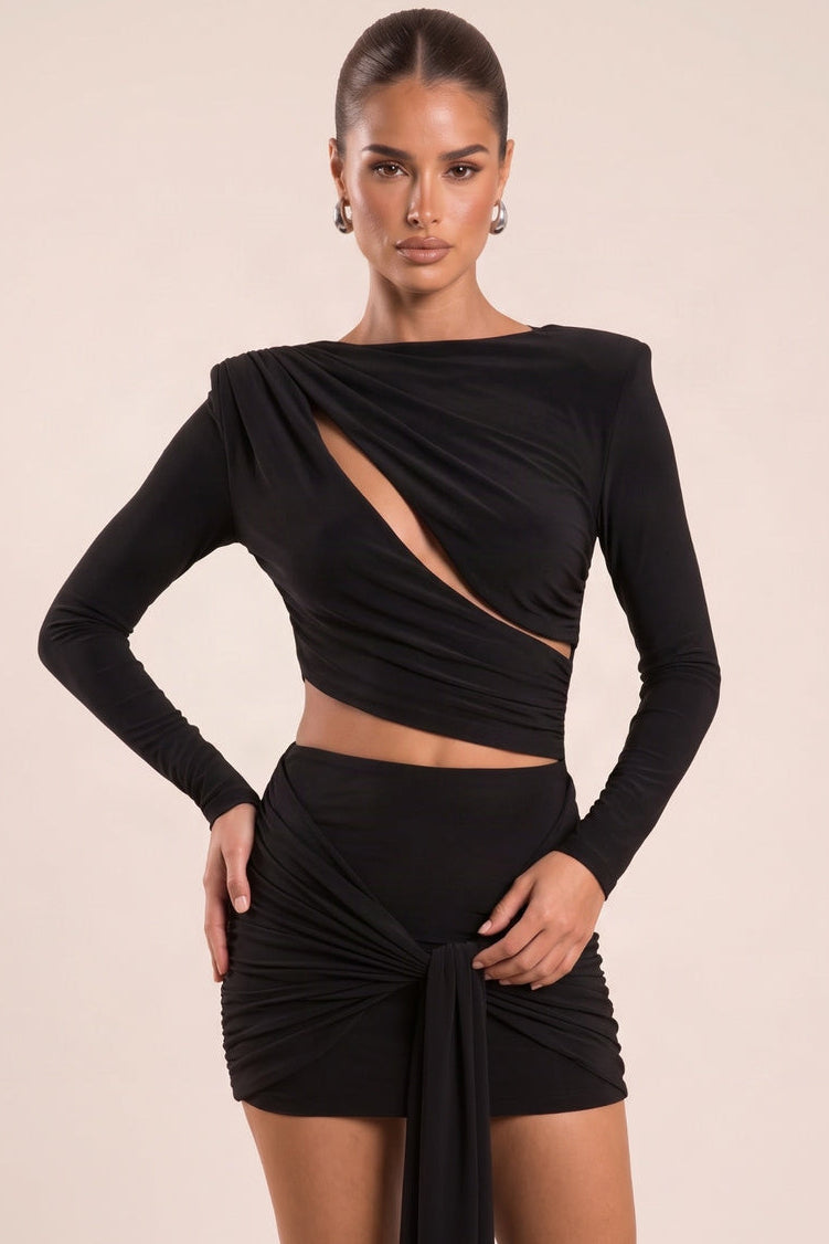 Black Slinky Cut Out Drape Mini Dress - Huda