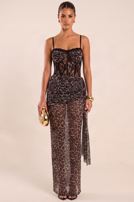 Brown Leopard Print Mesh Strappy Lace Detail Corset Top and Maxi Skirt Co-ord Set - Lindy