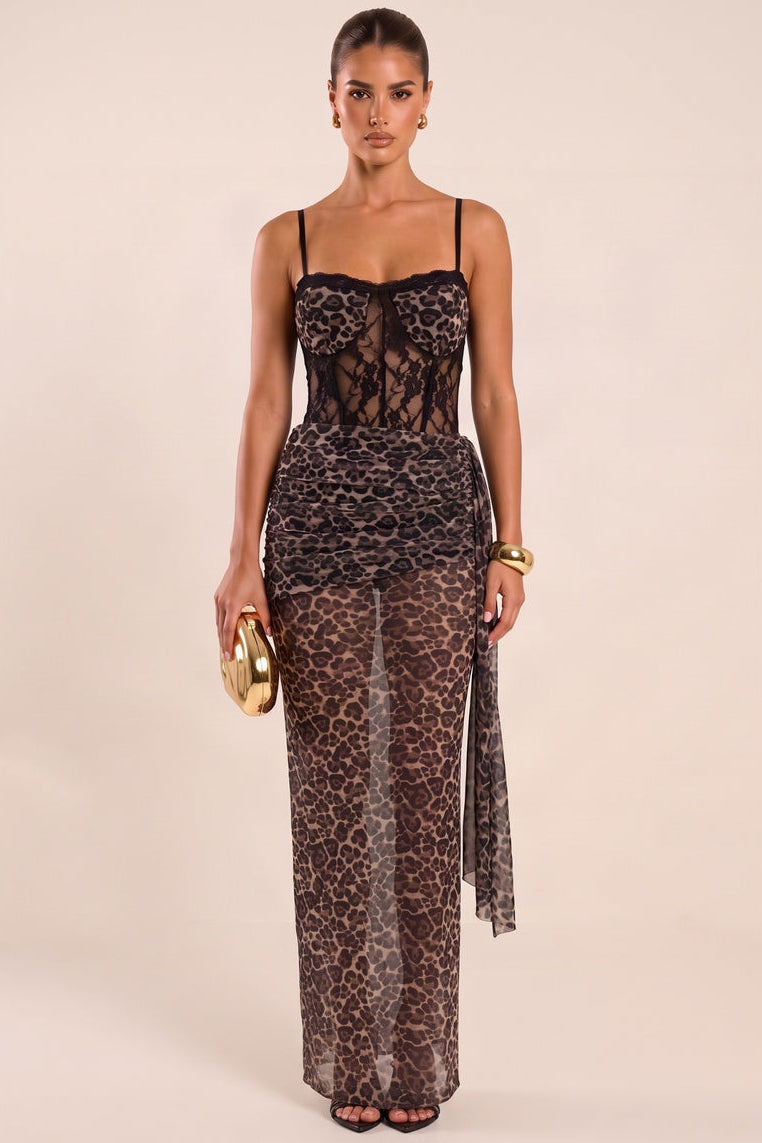 Brown Leopard Print Mesh Strappy Lace Detail Corset Top and Maxi Skirt Co-ord Set - Lindy