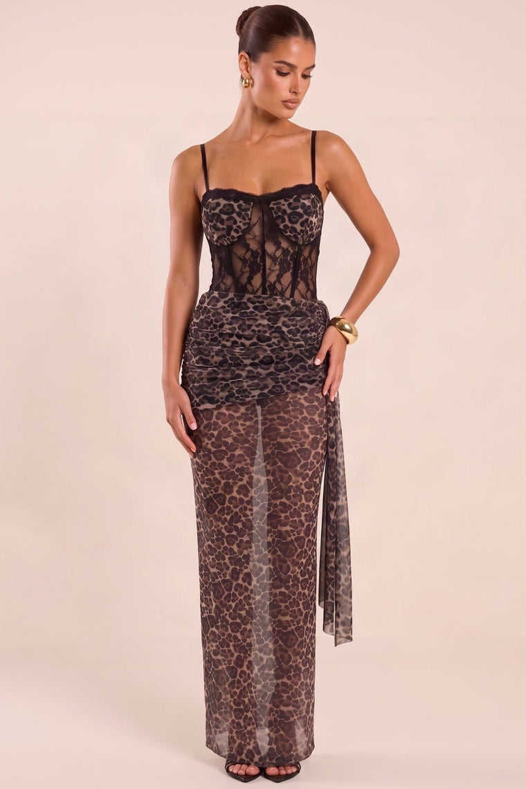Brown Leopard Print Mesh Strappy Lace Detail Corset Top and Maxi Skirt Co-ord Set - Lindy