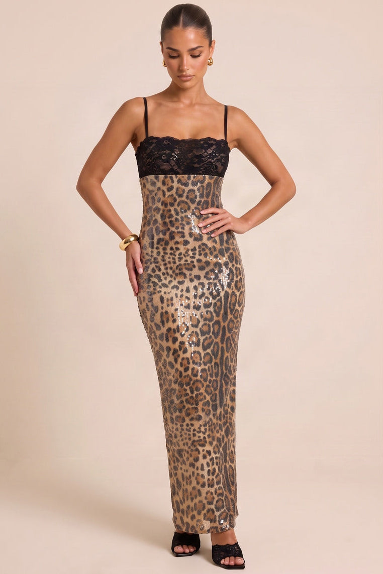 Brown Leopard Sequin Lace Trim Maxi Dress - Shiree