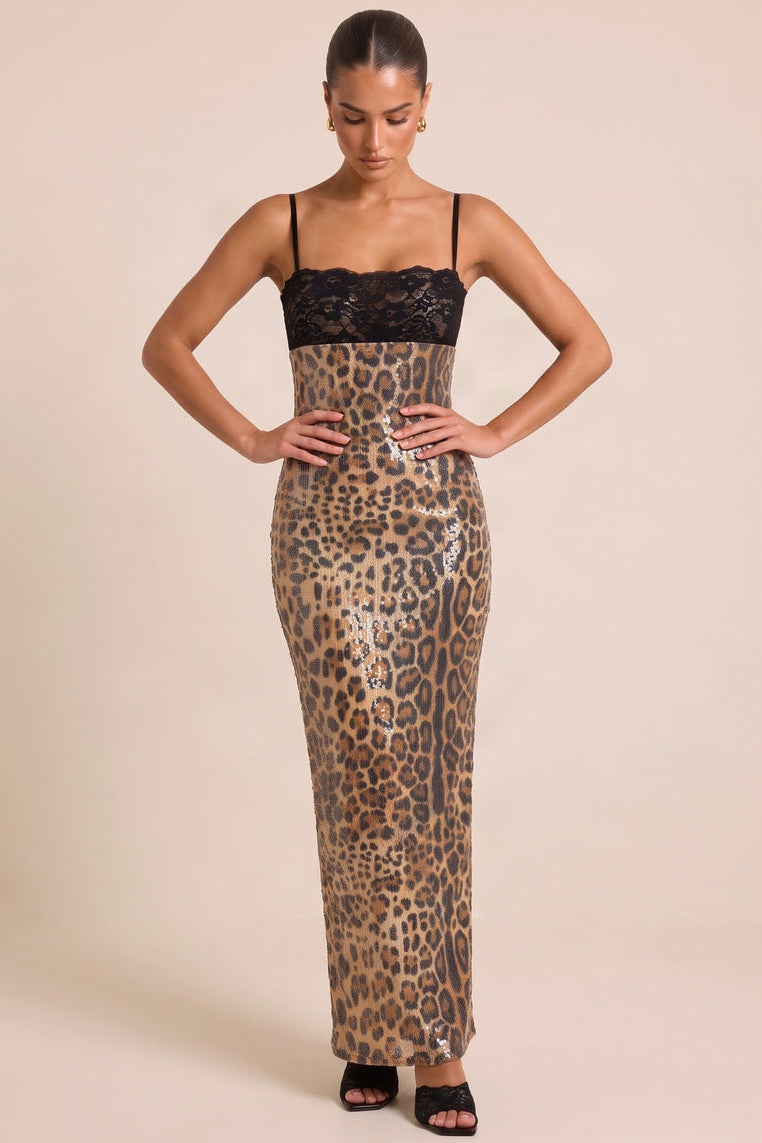 Brown Leopard Sequin Lace Trim Maxi Dress - Shiree