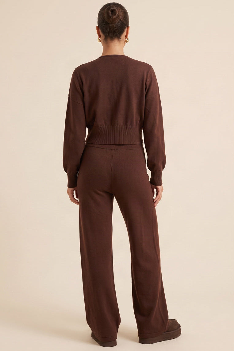 Chocolate Knitted Cardigan Top and Wide Leg Co-ord Set - Shyla