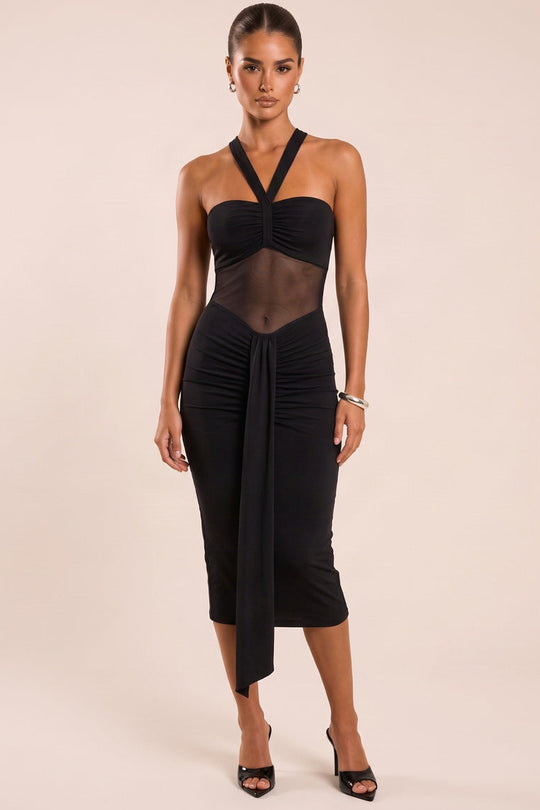 Black Mesh Insert Ruched Drape Detail Midi Dress - Aideen