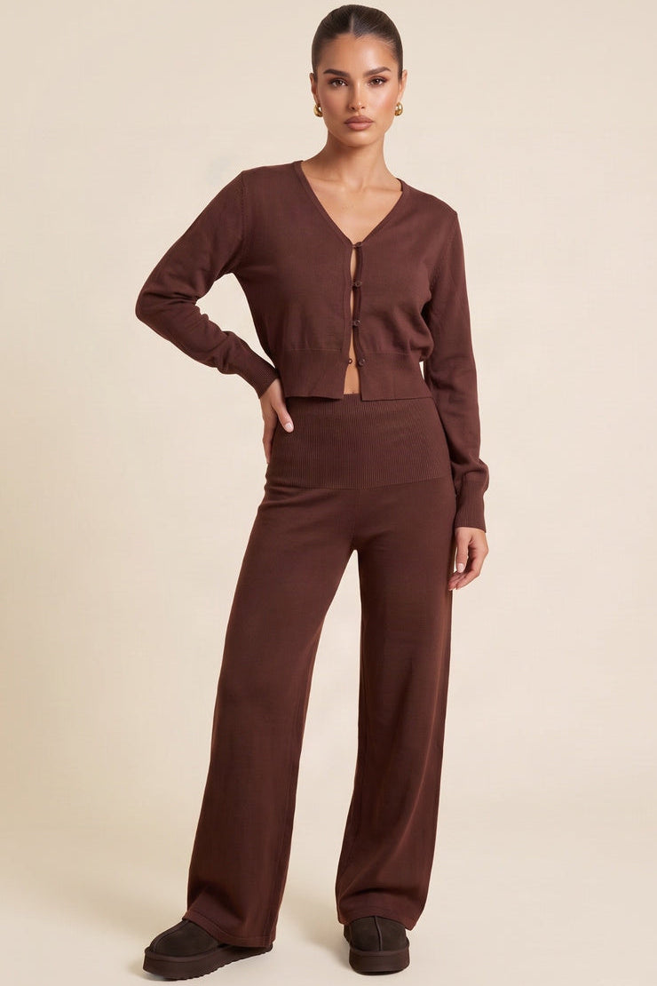 Chocolate Knitted Cardigan Top and Wide Leg Co-ord Set - Shyla