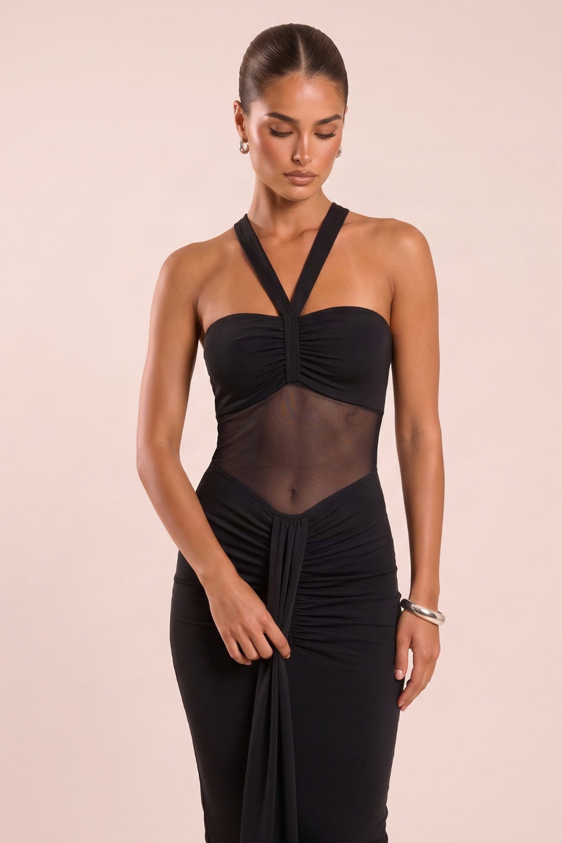 Black Mesh Insert Ruched Drape Detail Midi Dress - Aideen