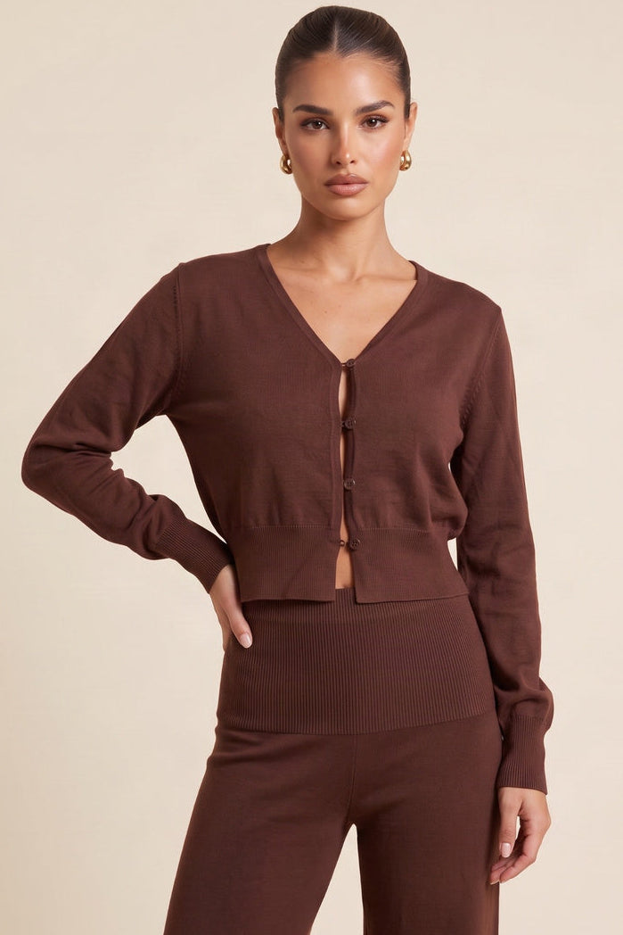 Chocolate Knitted Cardigan Top and Wide Leg Co-ord Set - Shyla