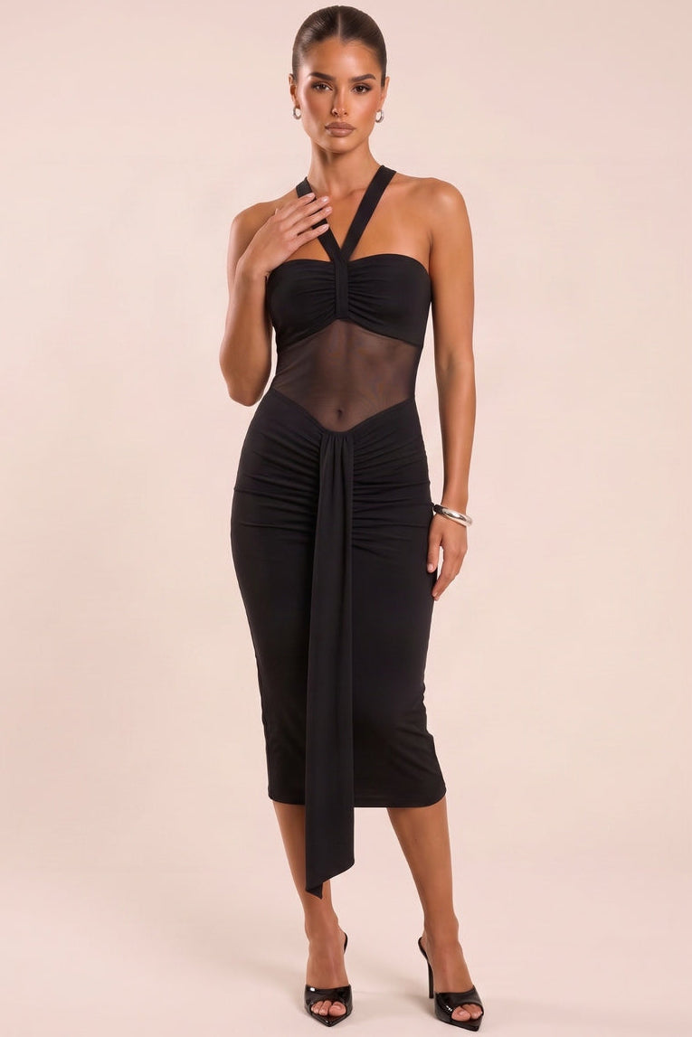 Black Mesh Insert Ruched Drape Detail Midi Dress - Aideen