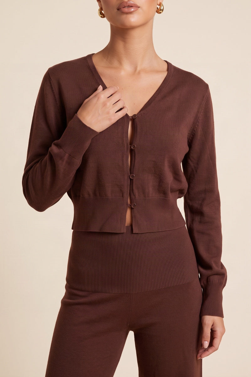 Chocolate Knitted Cardigan Top and Wide Leg Co-ord Set - Shyla
