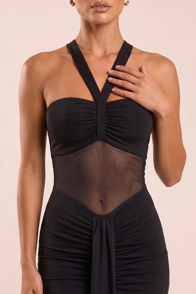Black Mesh Insert Ruched Drape Detail Midi Dress - Aideen