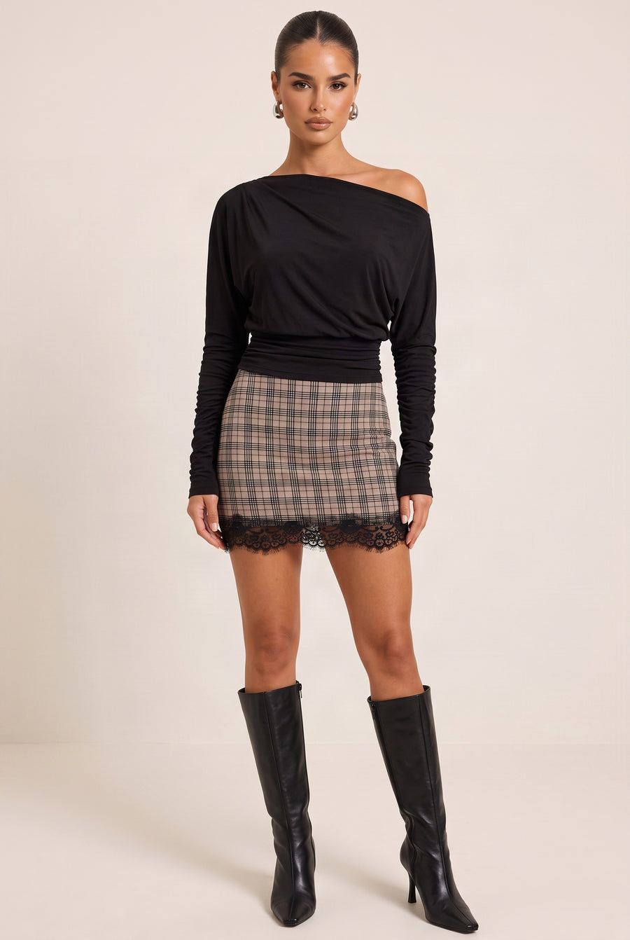 Beige Check Lace Trim Mini Skort - Jenna