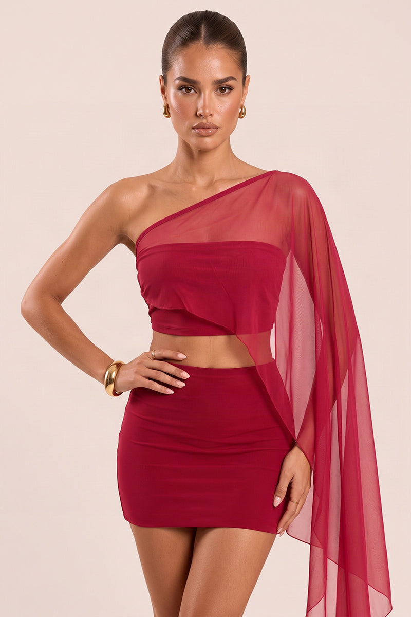 Wine Mesh One Shoulder Top and Mini Skirt Co-ord Set - Nelda
