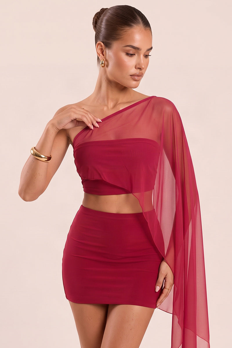 Wine Mesh One Shoulder Top and Mini Skirt Co-ord Set - Nelda
