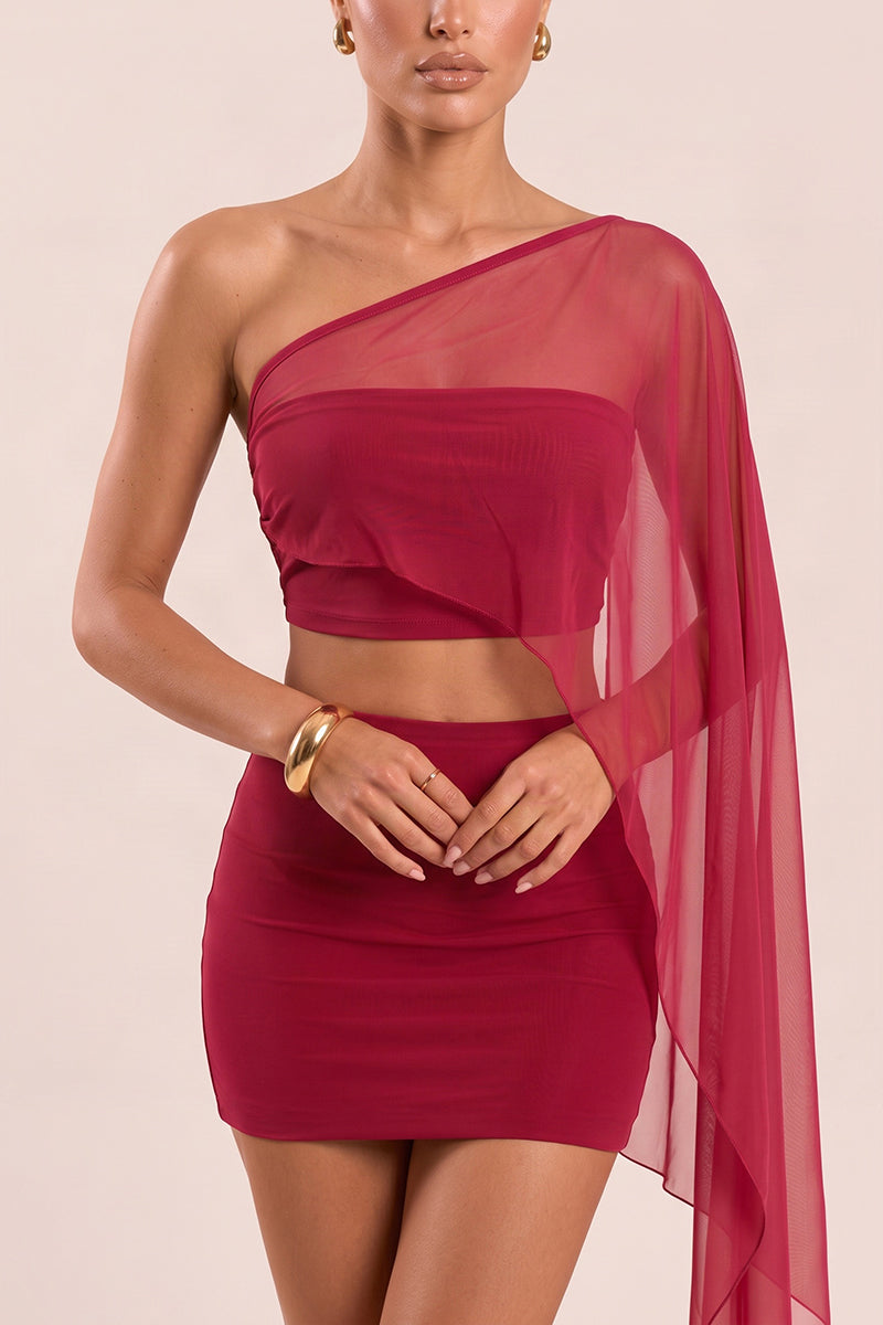 Wine Mesh One Shoulder Top and Mini Skirt Co-ord Set - Nelda