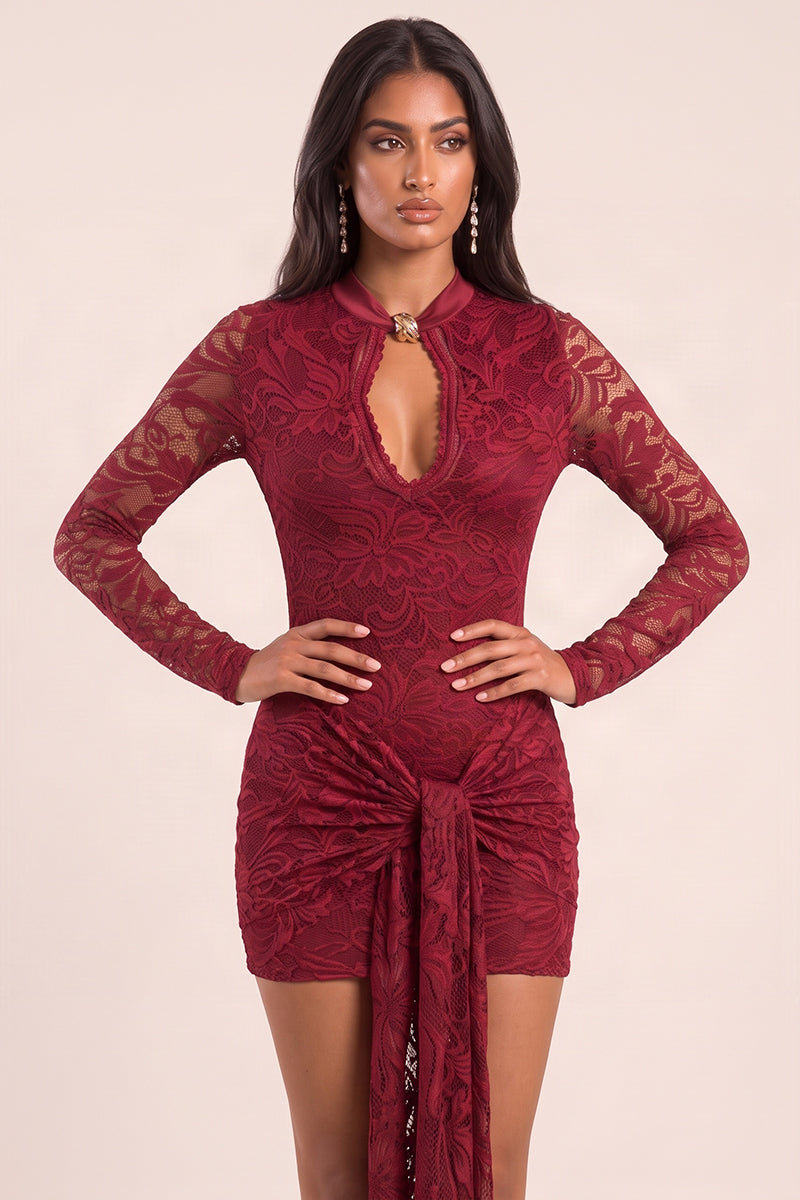 Wine Lace Keyhole Cut Out Draped Mini Dress - Cesca