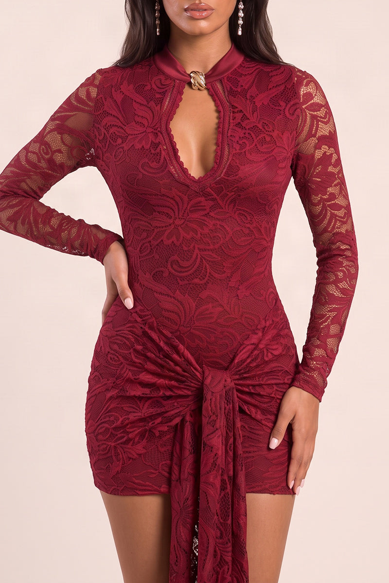 Wine Lace Keyhole Cut Out Draped Mini Dress - Cesca