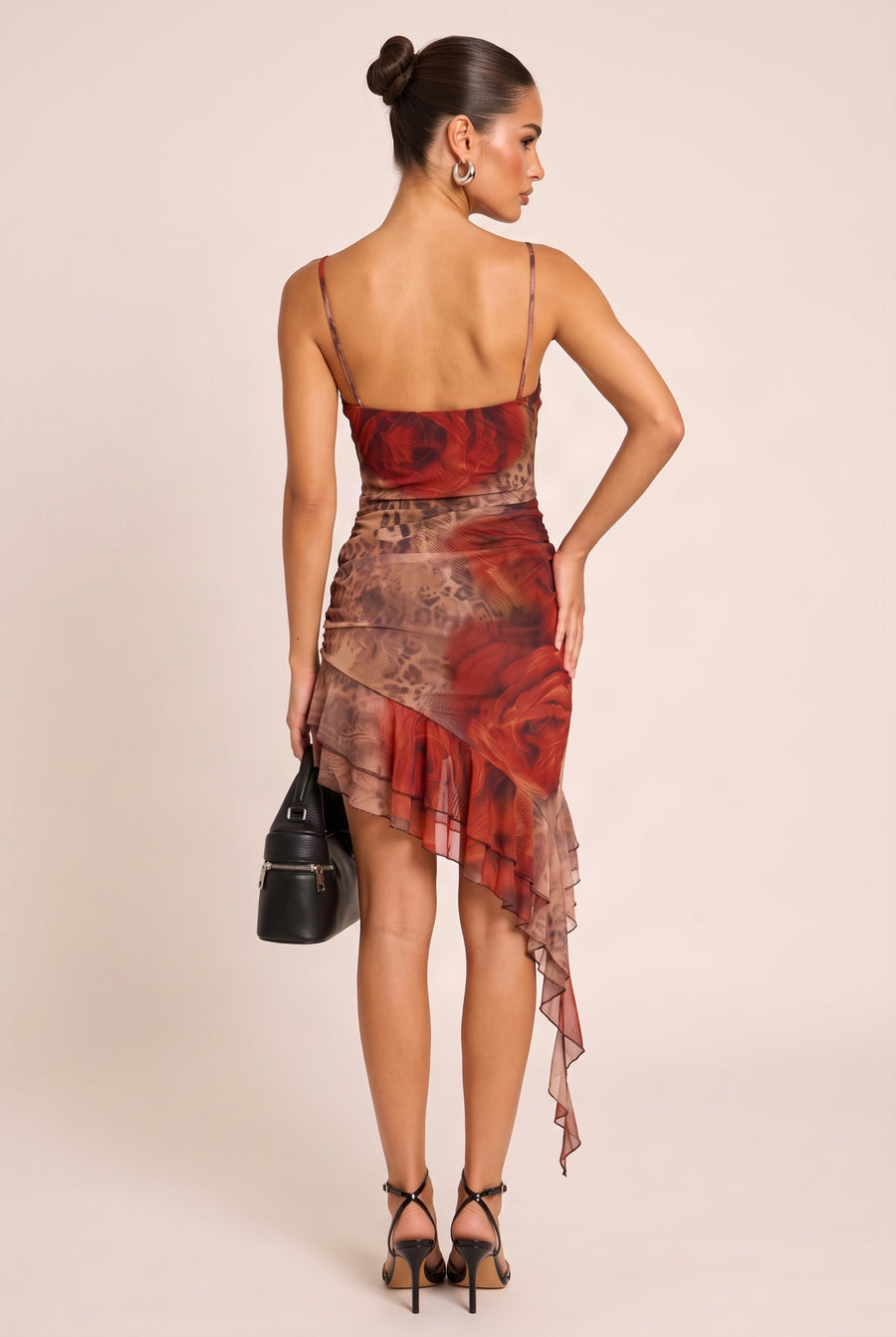 Brown Leopard Print Lace Trim Asymmetric Mesh Mini Dress - Redmin