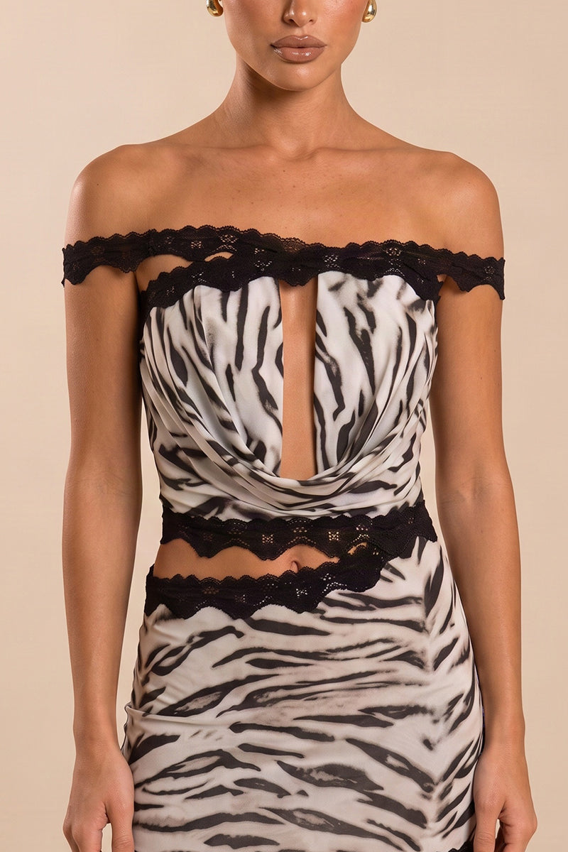 Zebra Print Slinky Lace Trim Cut Out Mini Dress - Conner