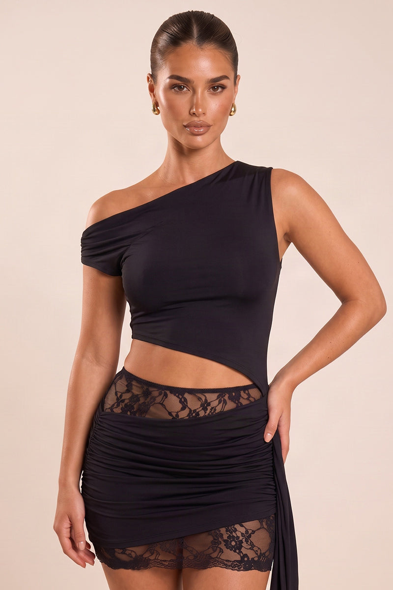 Black Asymmetric Lace Mini Dress - Alzia
